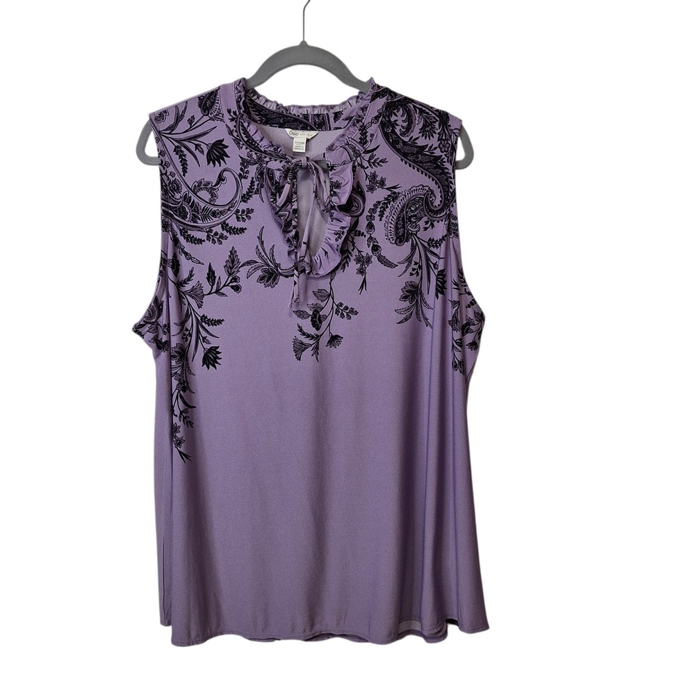 Cato Est 1946 Womens 22/24W Tie Front‎ Ruffle Neck Top Sleeveless Purple Paisley